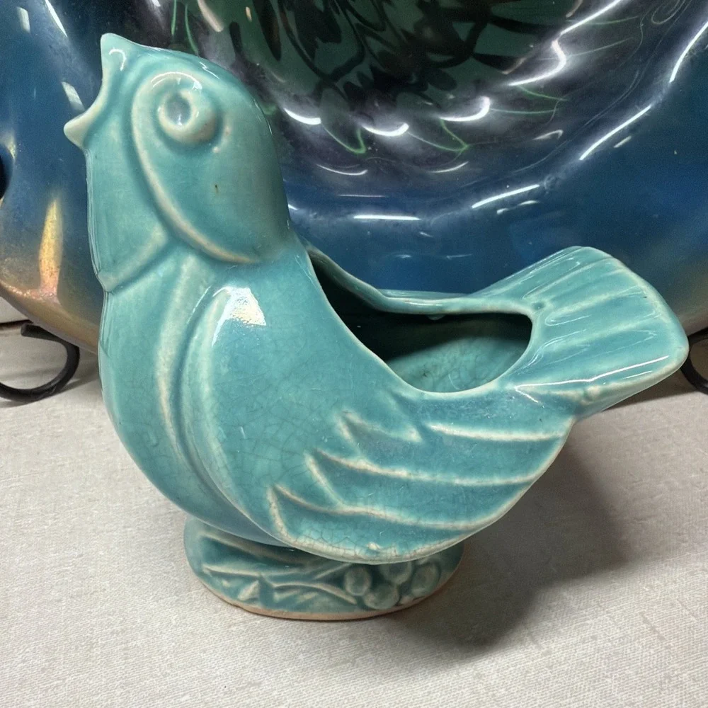 Vintage McCoy Singing Bird Planter Turquoise Blue 4.5x4.5 🐦🪺